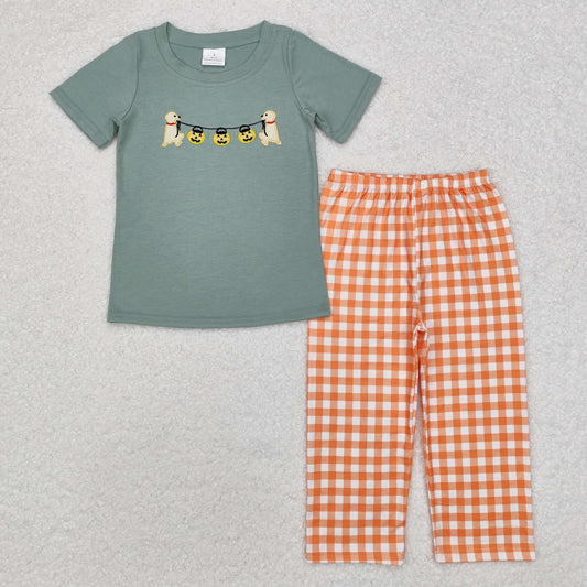 Baby Boy Embroidery Halloween Dogs Pumpkin Green Shirt Plaid Pants Clothes Set