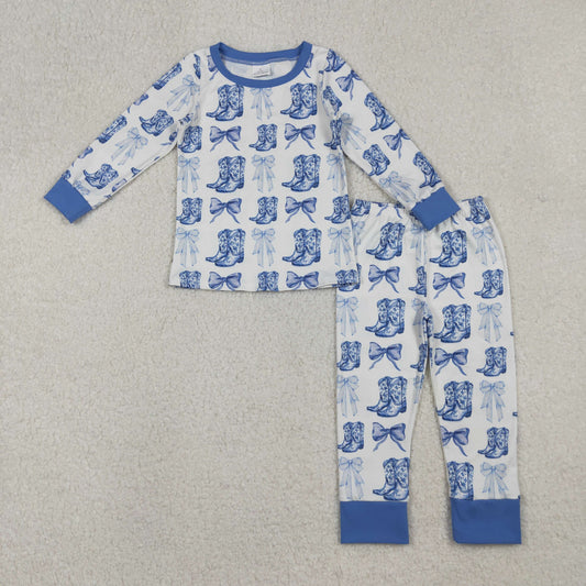 Baby Girl Long Sleeves Blue Bows Boots Shirt Pants Western Pajamas Clothes Set RTS