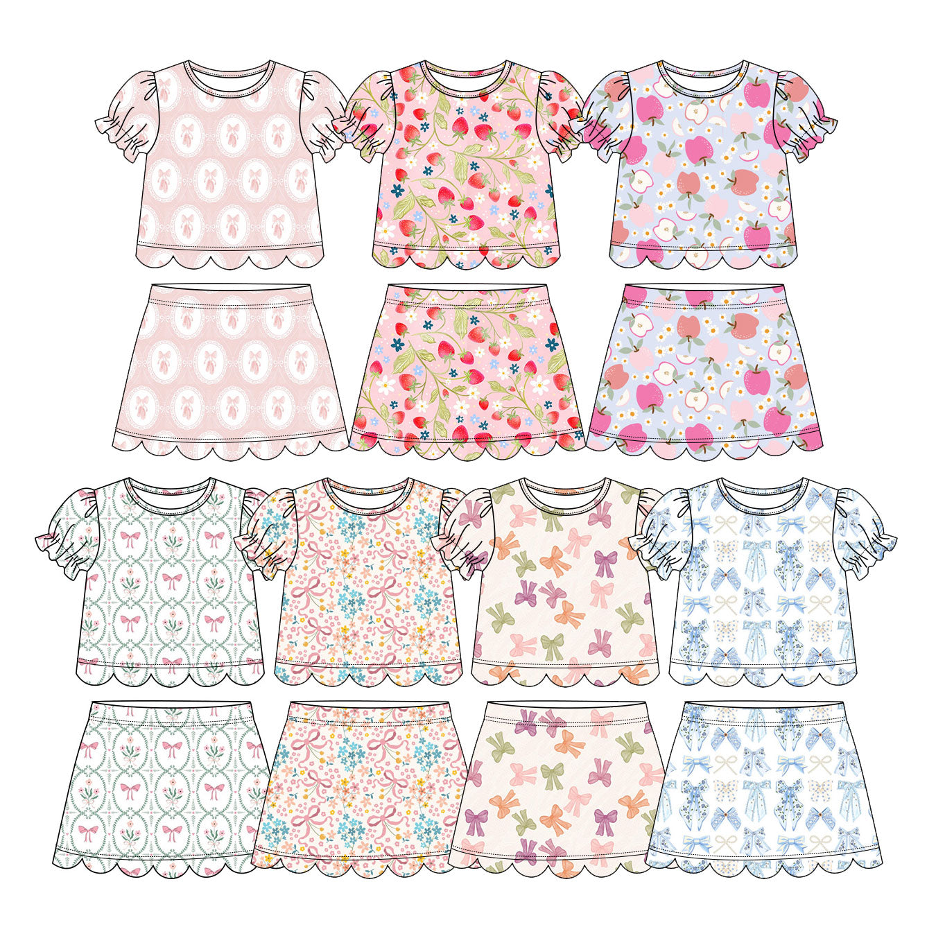 ( Moq 30 Each Style ) Sibling Baby Girls Kids Short Sleeves Bows Tops Scallop Shorts Sets Summer Clothes
