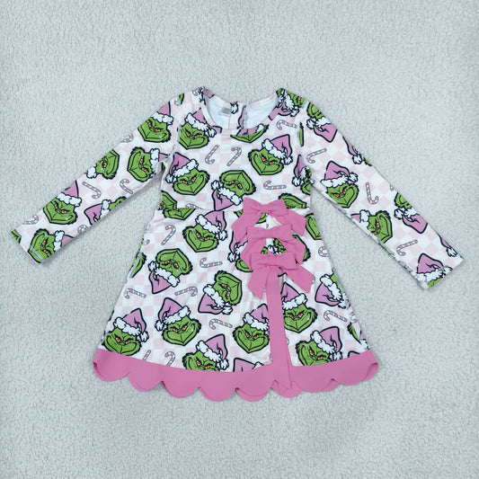 Baby Girls Kids Long Sleeves Christmas Green Face Bows Scallop Dress Yoga Active Clothes RTS