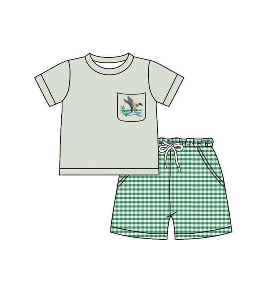 Moq 3 Pre-order BSSO0734 Baby Boy Short Sleeves Duck Shirt Green Plaid Pocket Shorts Summer Set