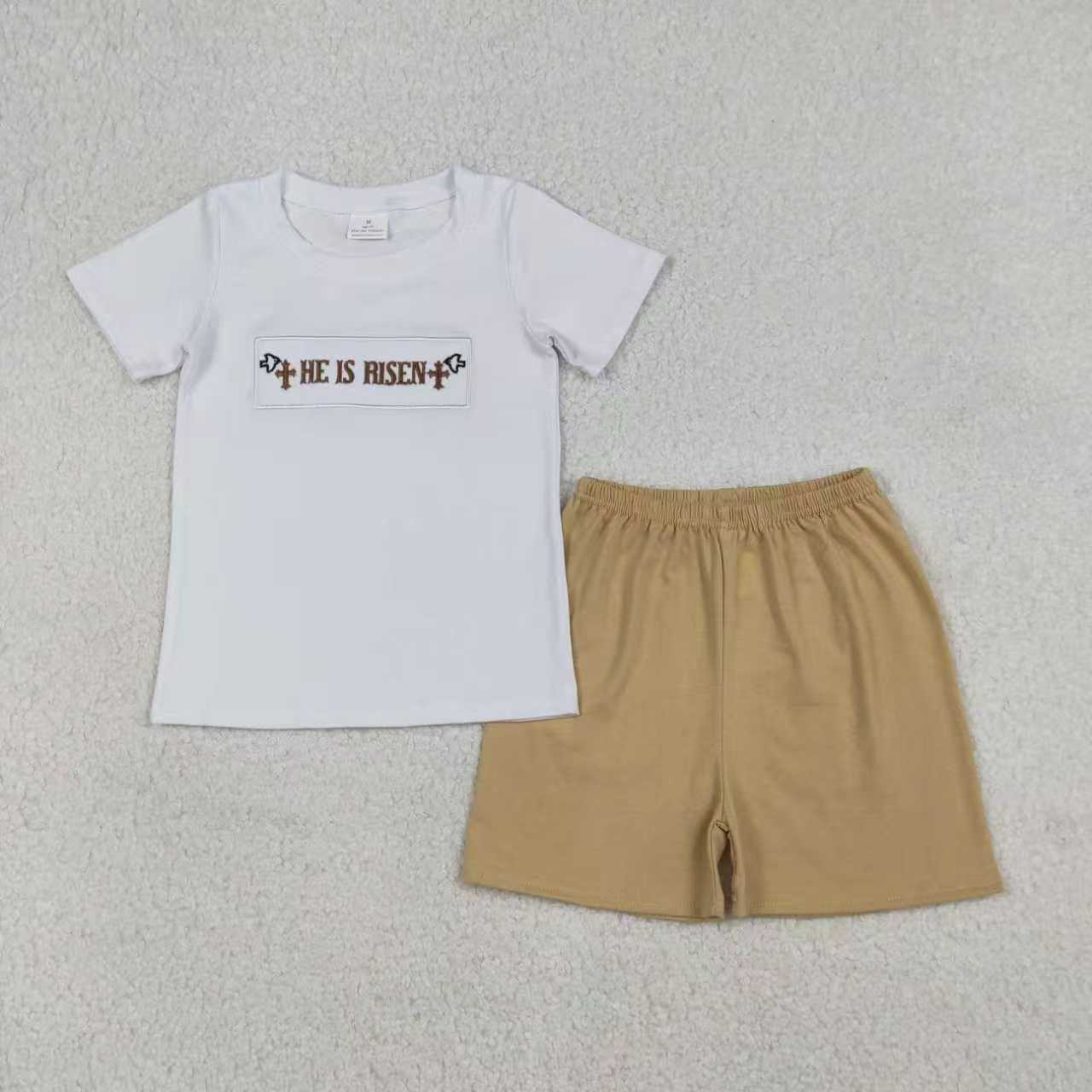 Sibling Baby Boys Girls Short Sleeves Embroidery He is Risen Cross Easter Dress Set RTS