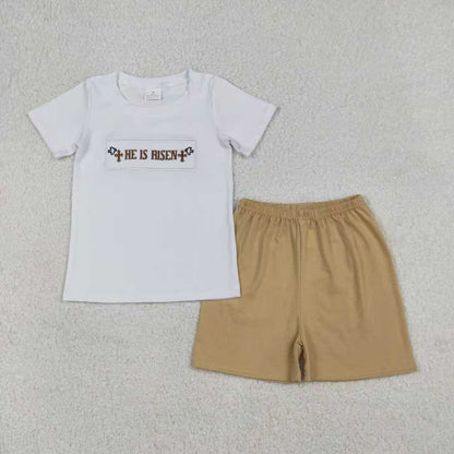 Sibling Baby Boys Girls Short Sleeves Embroidery He is Risen Cross Easter Dress Set RTS