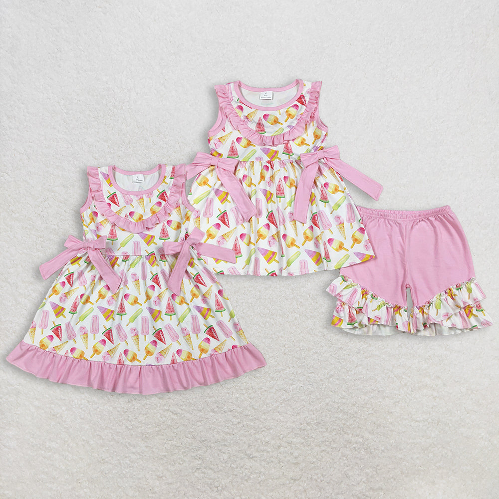 Sibling Baby Girls Sleeveless Popsicles Pink Bows Summer Knee Length Dress Set RTS