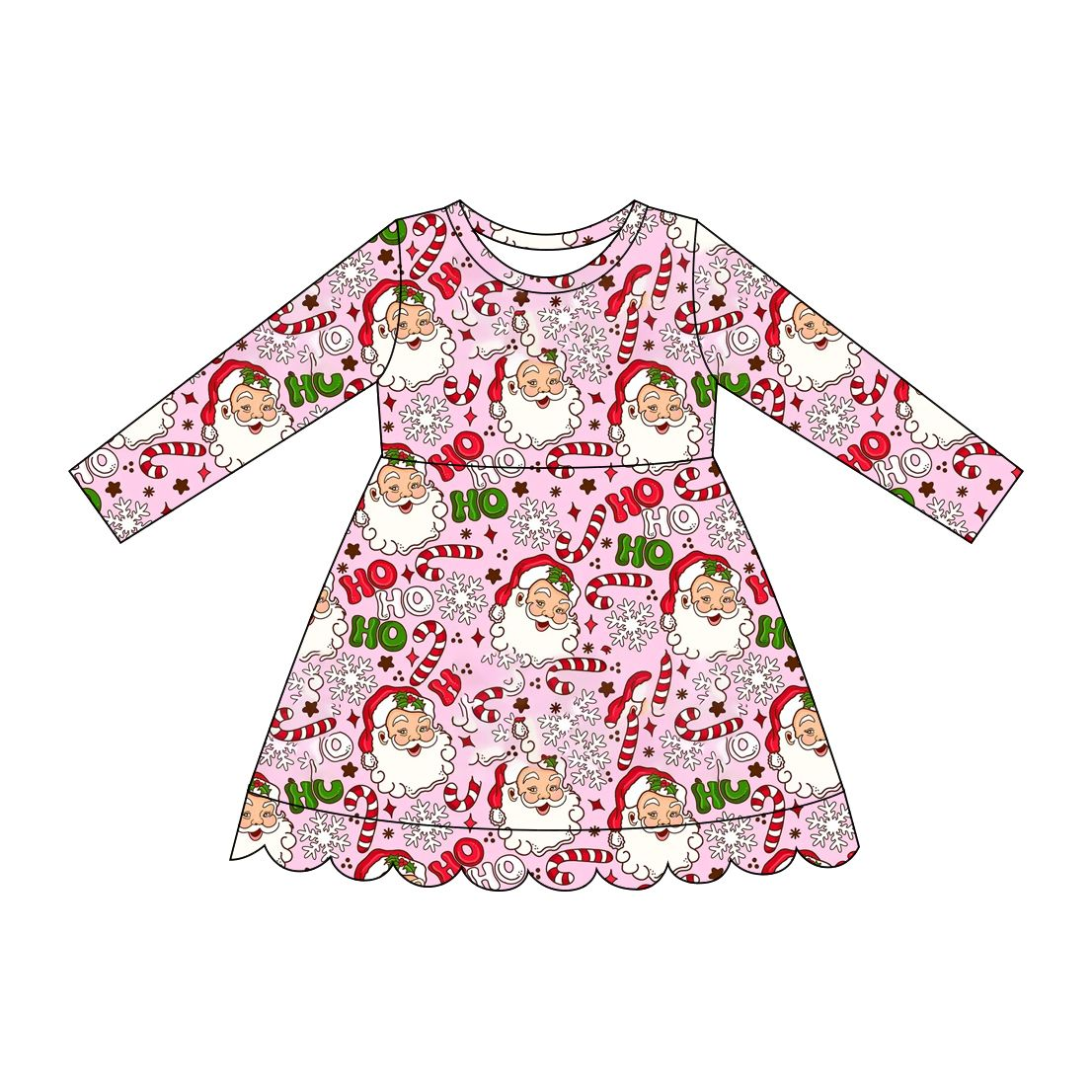 ( Moq 5 ) Preorder Baby Girls Kids Long Sleeves Christmas Santa Scallop Pink Knee Length Dress