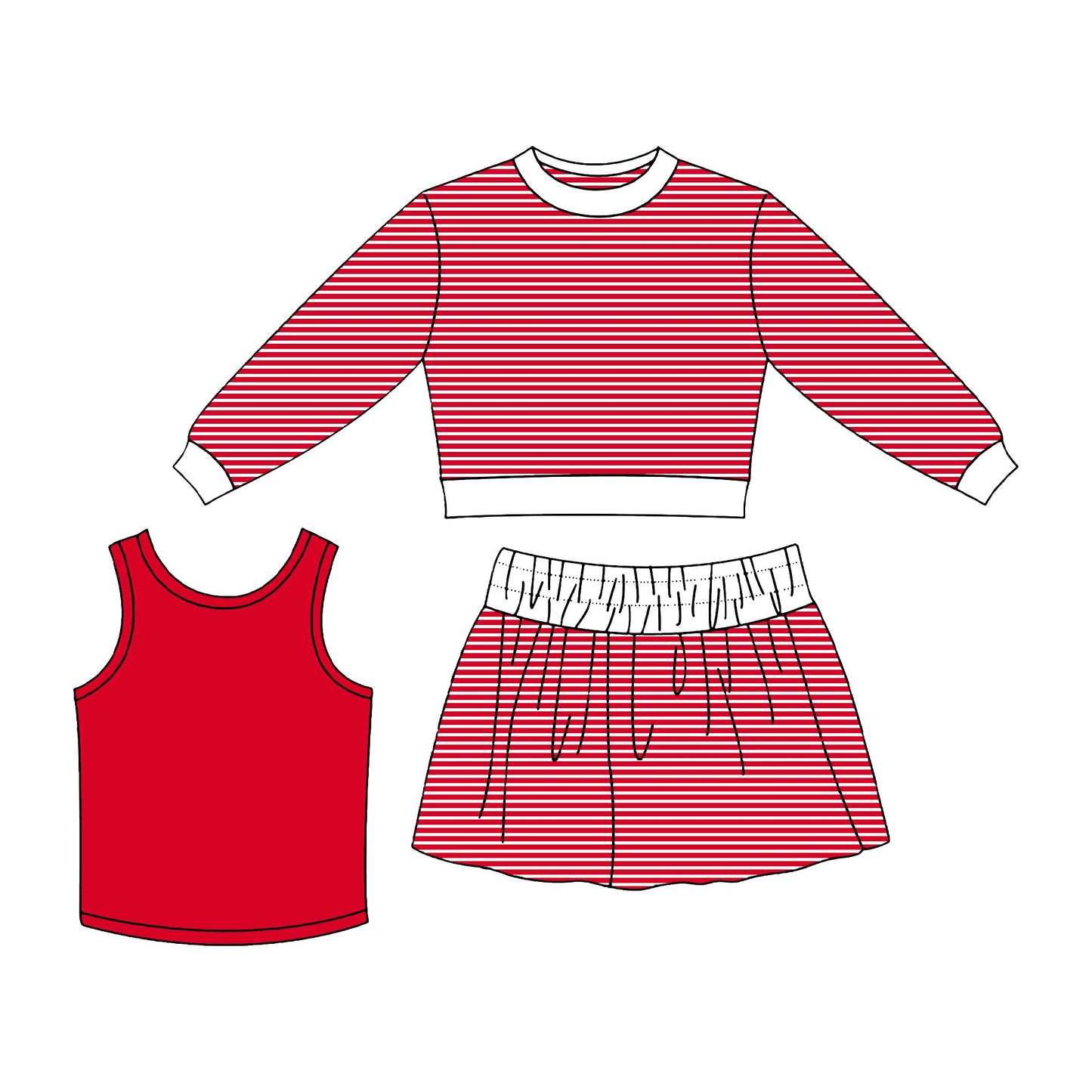 ( Moq 5 ) Preorder Baby Girl Kids Red Tops Stripes Skirt Shorts Three Pieces Set Yoga Active Clothes