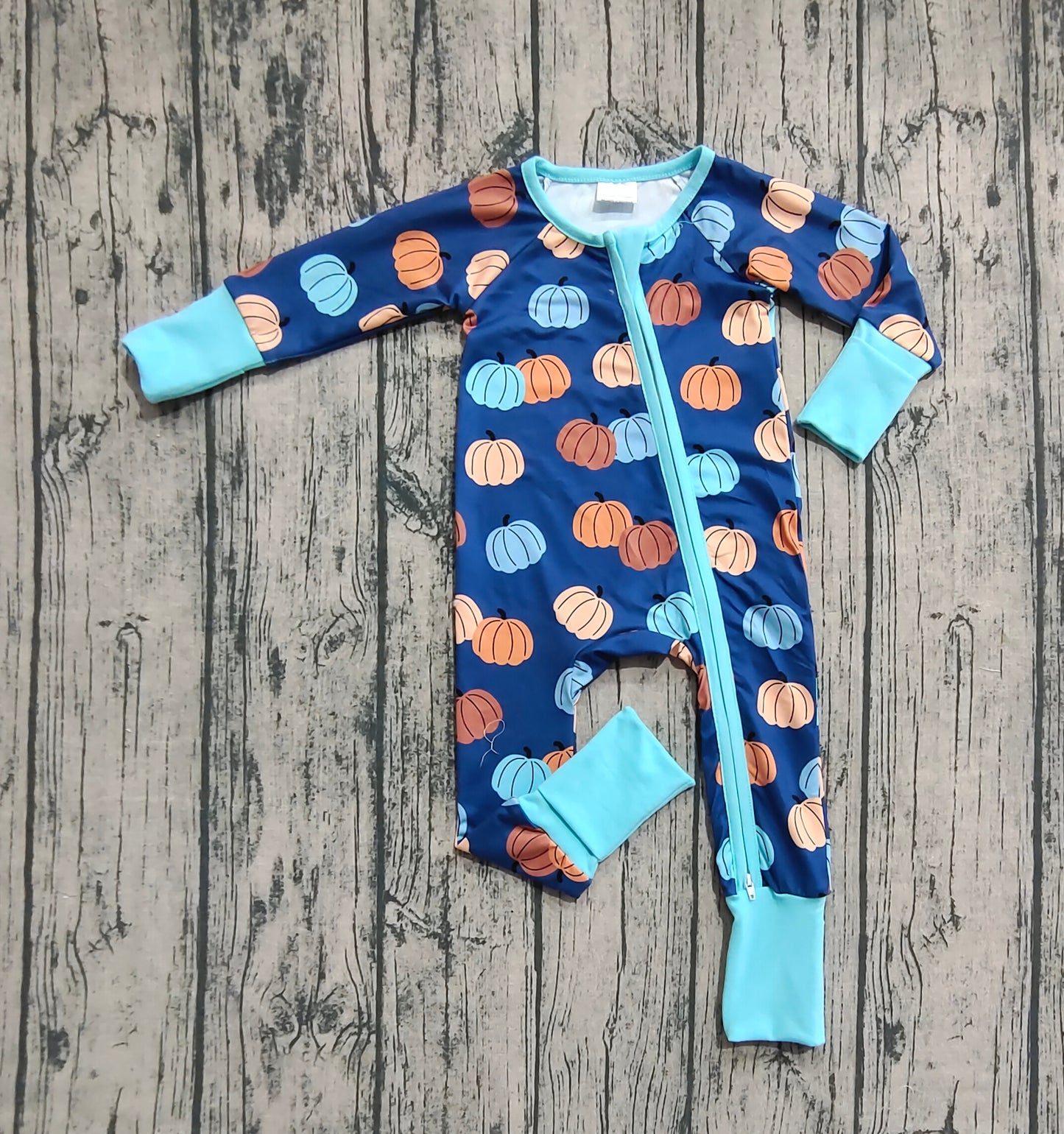 Baby Boy Long Sleeves Pumpkins Blue Zipper Fall Romper Thanksgiving RTS