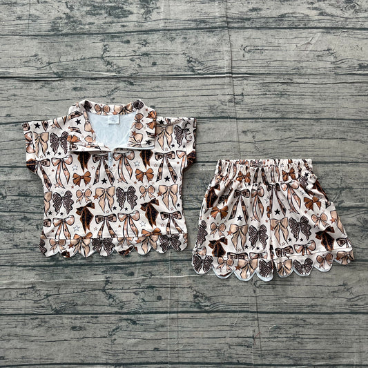 ( No moq ) Preorder Baby Girls Short Sleeves Bows Zipper Tops Shorts Scallop Clothes Set