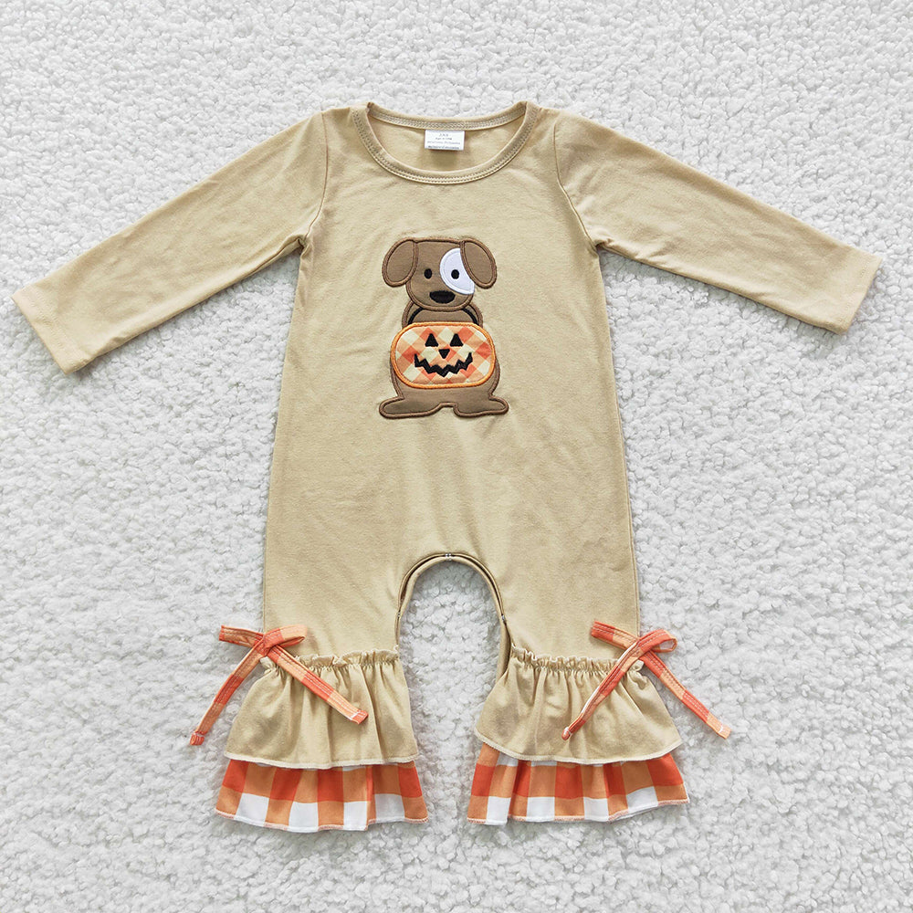 LR0291 Halloween Baby Boy Long Sleeves Embroidery Pumpkin Dog Romper