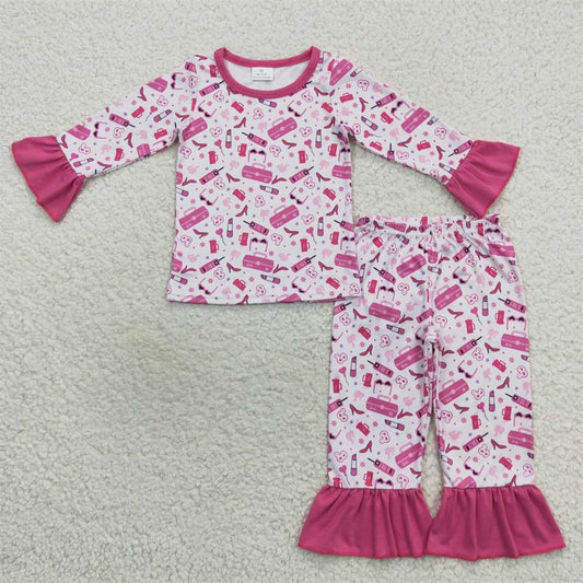 GLP0701 Baby Girl Long Sleeves Pink Doll Pants Outfit Pajamas