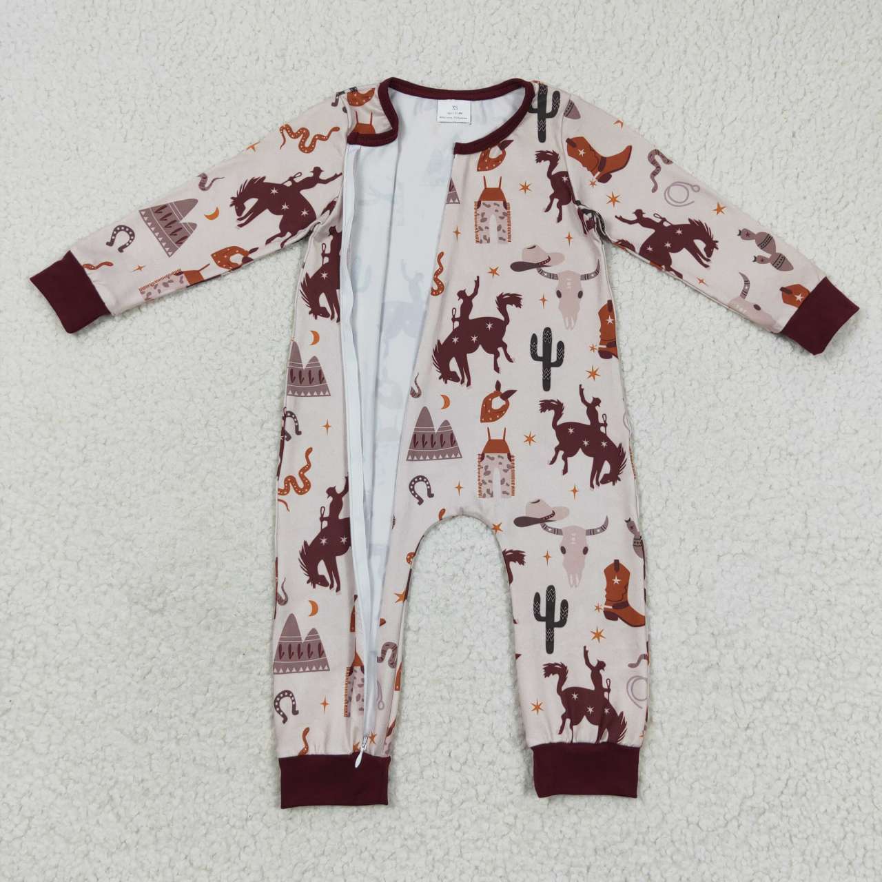 LR0344 Baby Boy Newborn Long Sleeves Zip Western Rodeo Cow Cactus One Piece Romper