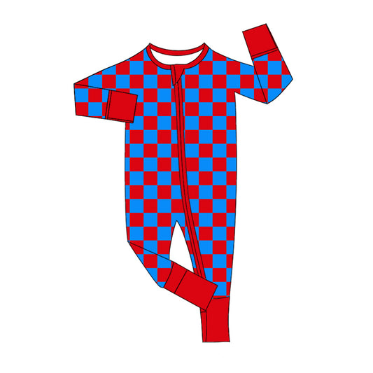 Baby Kids Infant Long Sleeves Red Blue Checkered Zipper Romper