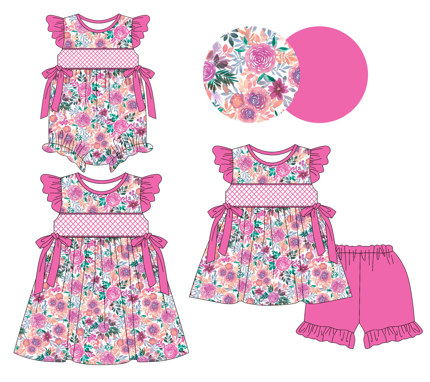 Baby Girl Short Sleeves Flower Pink Bows Sibling Romper Dress Set ( Moq 5 Each Style ) 3.11