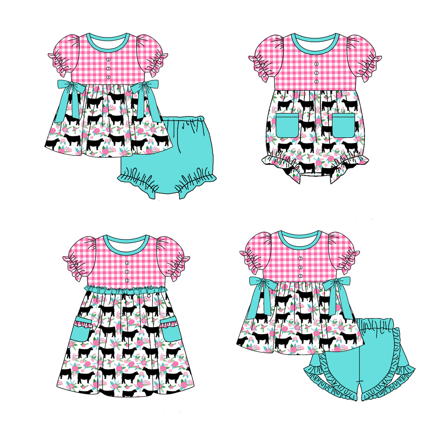 Baby Girl Short Sleeves Flower Cow Plaid Sibling Romper Dress Clothes Set ( Moq 5 Each Design )11.19
