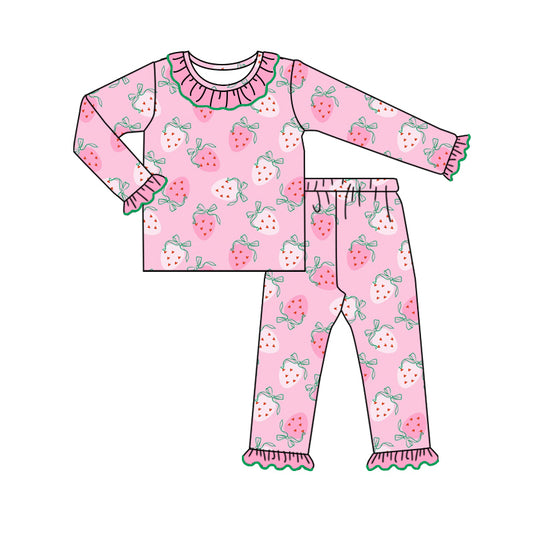 Baby Girl Long Sleeves  Strawberry Shirt Pants Pajamas Pink Set