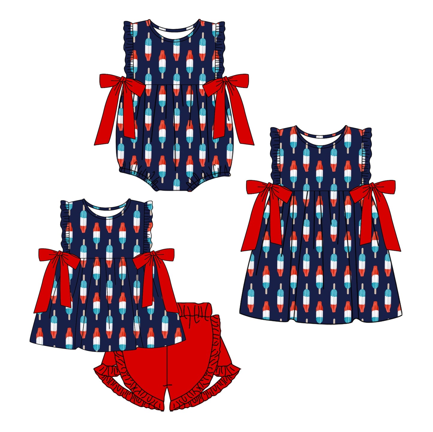Baby Girl July 4th Popsicles Sibling Romper Dress Set ( Moq 5 Each Style ) 1.23