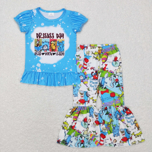 GSPO1099 Baby Girl Short Sleeves Dr Reading Shirt Bell Pants Blue Set