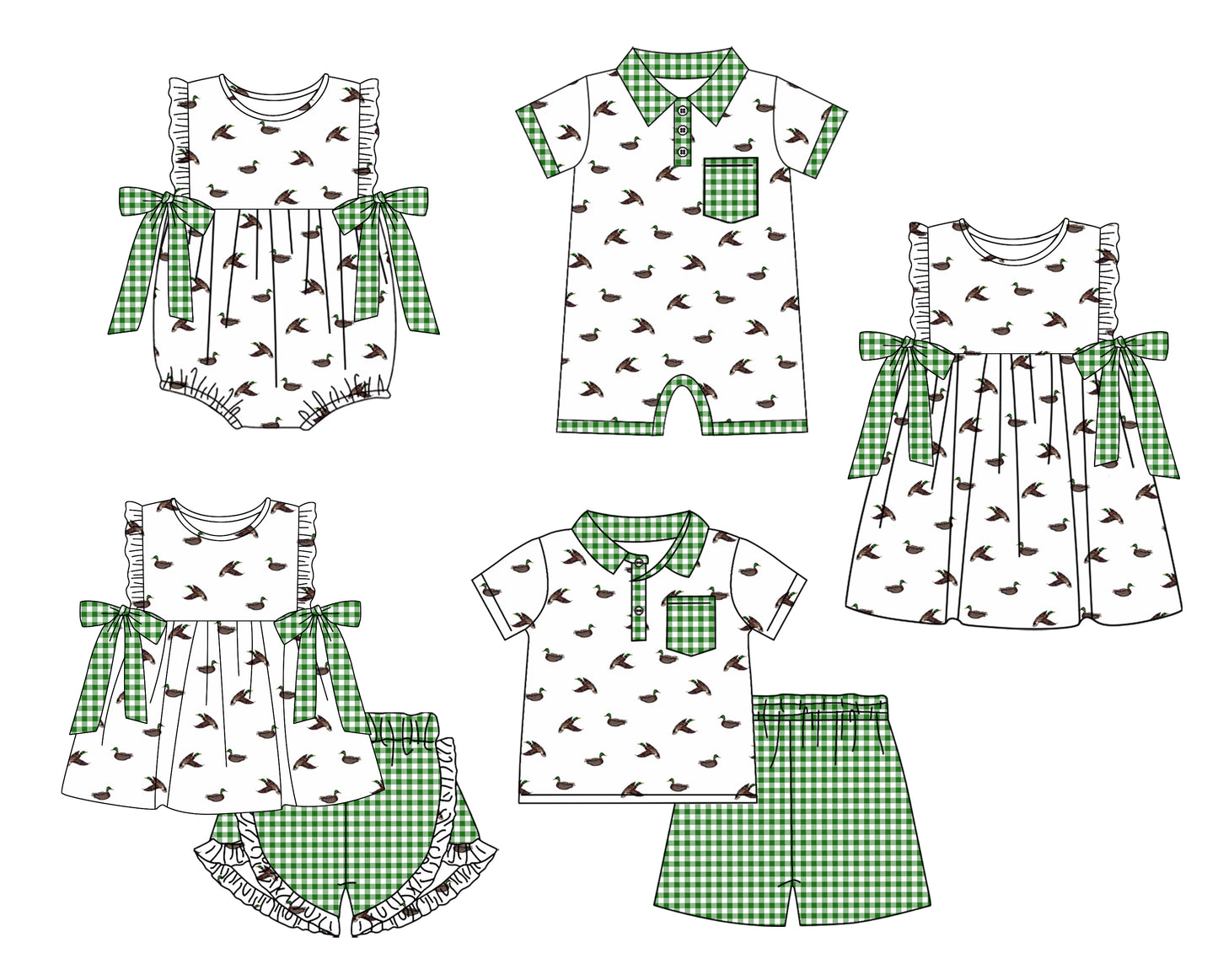 Baby Boy Girl Ducks Bows Sibling Matching Green Dress Romper Clothes Set ( Moq 5 Each style )