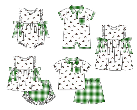 Baby Boy Girl Ducks Bows Sibling Matching Green Dress Romper Clothes Set ( Moq 5 Each style )