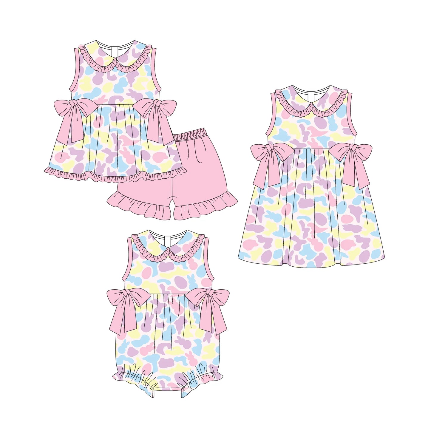 ( Moq 5 Each Style ) Baby Girl Toddler Sleeveless Rabbits Camo Bows Sibling Easter Romper Dress Set