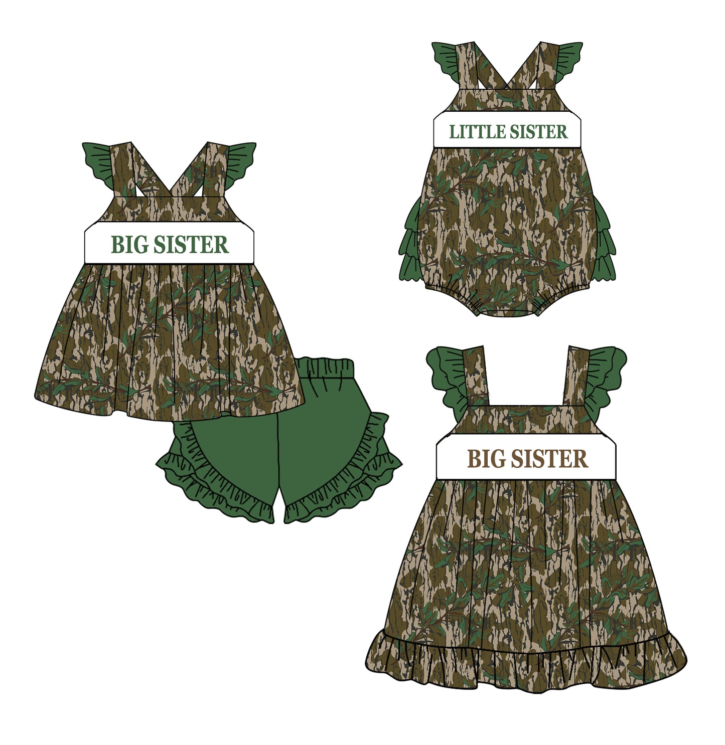 Baby Girl Big Little Sister Camo Sibling Romper Dress Clothes Set ( Moq 5 Each Design )11.20