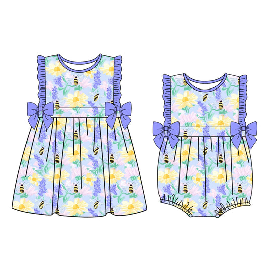 ( Moq 5 Each Style ) Baby Girls Flower Bee Bows Sibling Summer Romper Set