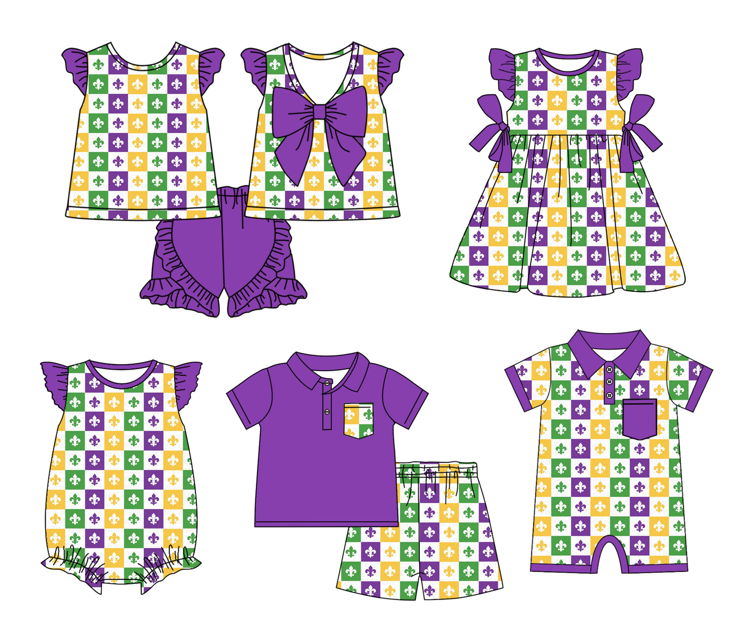 Baby Boy Girl Short Sleeves Mardi Gras Checked Sibling Green Dress Romper Clothes Set ( Moq 5 Each style )12.3