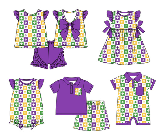 Baby Boy Girl Short Sleeves Mardi Gras Checked Sibling Green Dress Romper Clothes Set ( Moq 5 Each style )12.3