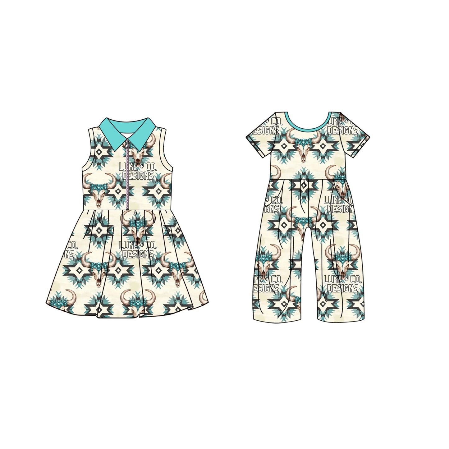 ( Moq 5 Each Style ) Baby Girl Western Cows Aztec Sibling Summer Dress Jumpsuit 4.19
