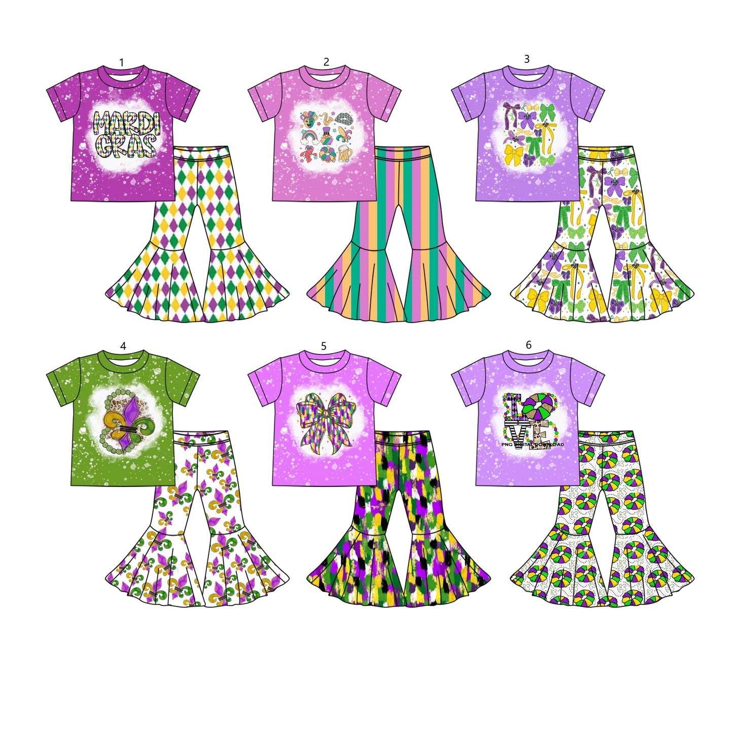 ( Moq 5 Each Style ) Girls Kids Short Sleeves Anchors Bows Shirt Bell Pants Mardi Gras Set