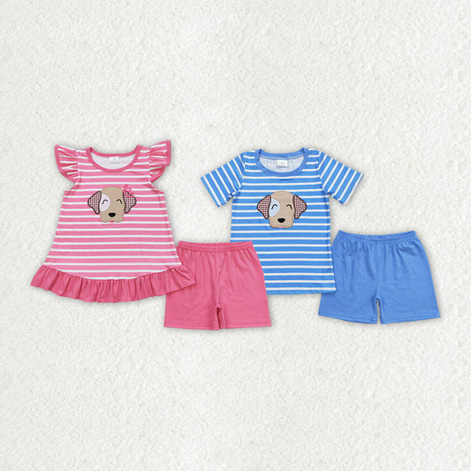 Baby Boy Girl Short Sleeves Stripes Embroidery Dogs Sibling Clothes Set