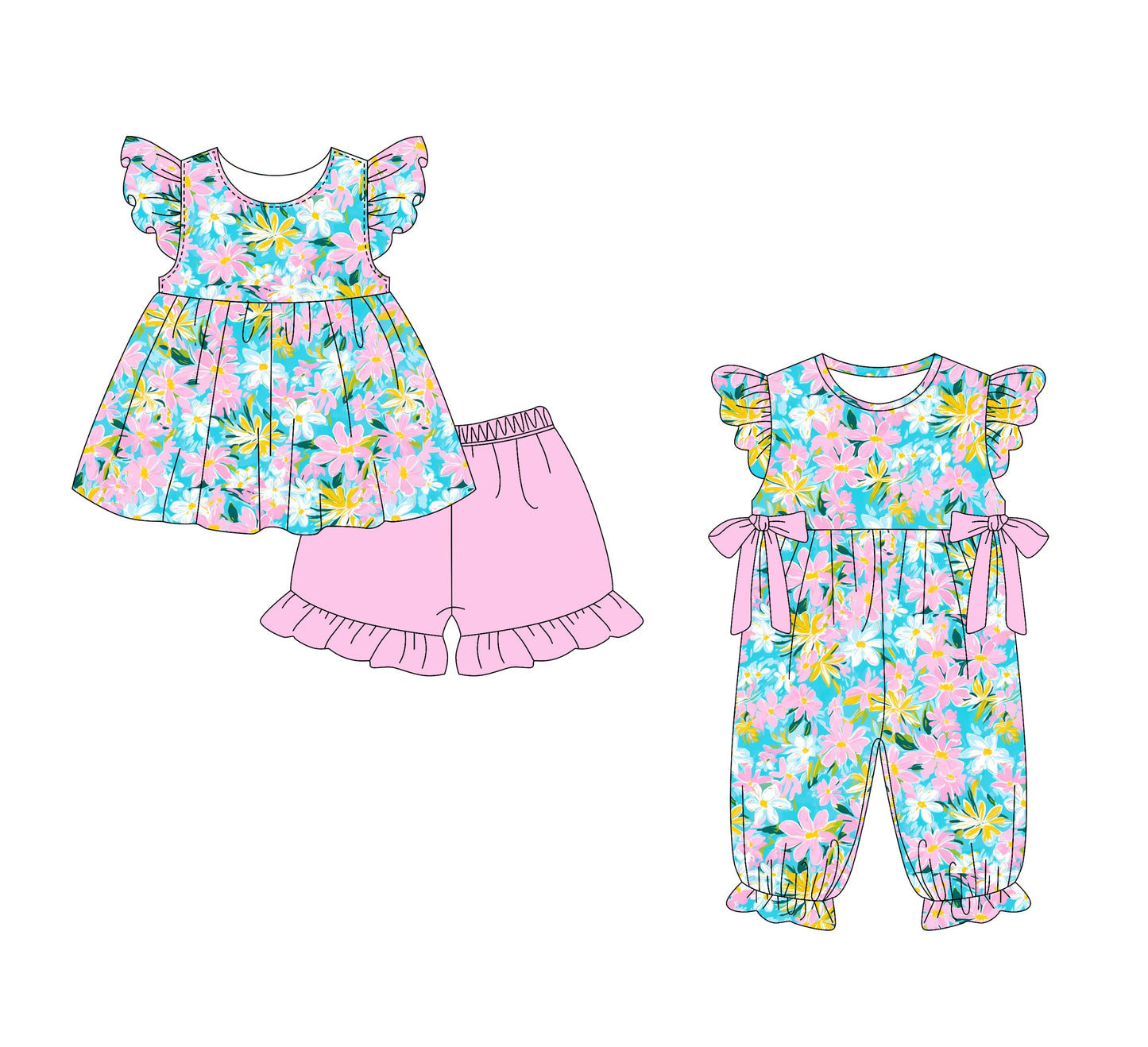 Baby Girl Flower Short Sleeves Sibling Romper Set ( Moq 5 Each Style ) 1.15