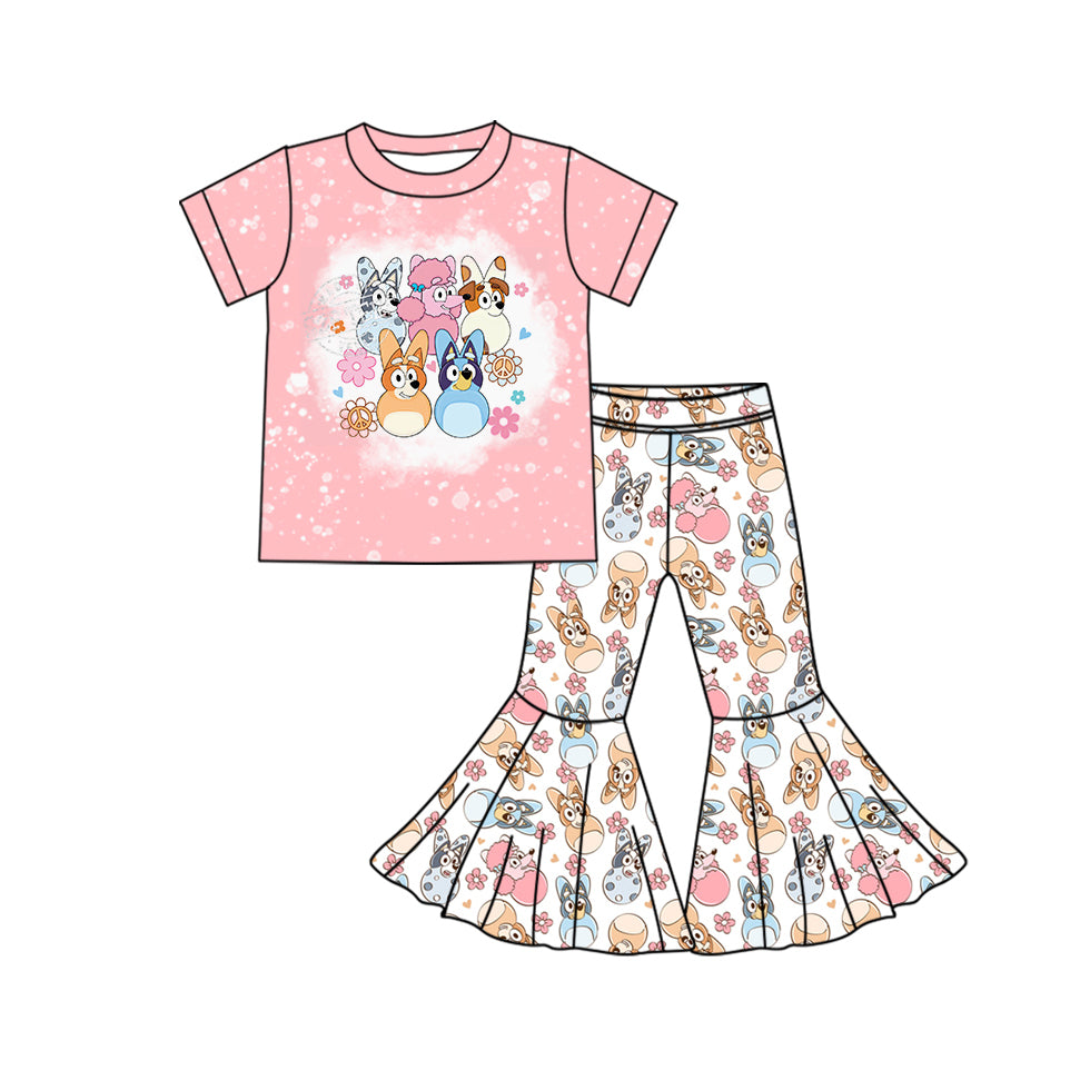 Baby Girl Pink Short Sleeves Shirt Easter Dog Rabbit Flower Bell Pants Set Moq 5