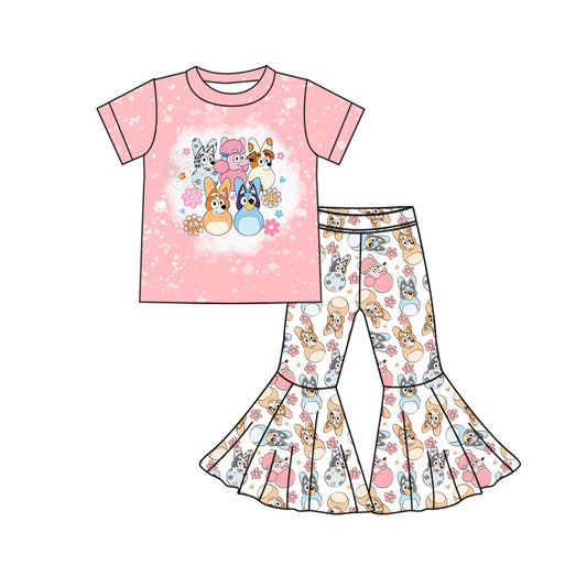 Baby Girl Pink Short Sleeves Shirt Easter Dog Rabbit Flower Bell Pants Set Moq 5