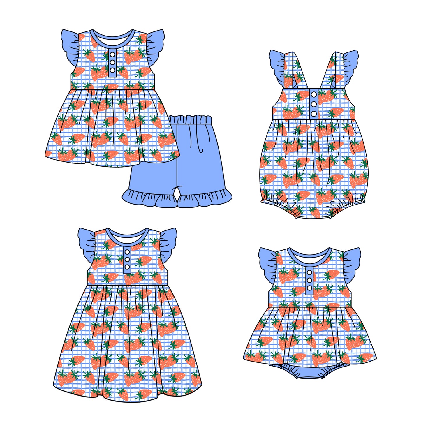 Baby Girl Strawberry Plaid Sibling Romper Dress Summer Clothes Set ( Moq 5 Each Design )