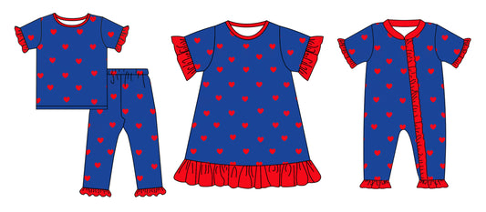 Baby Girl Short Sleeves Valentines Hearts Sibling Blue Romper Dress Clothes Set ( Moq 5 Each Design )12.2