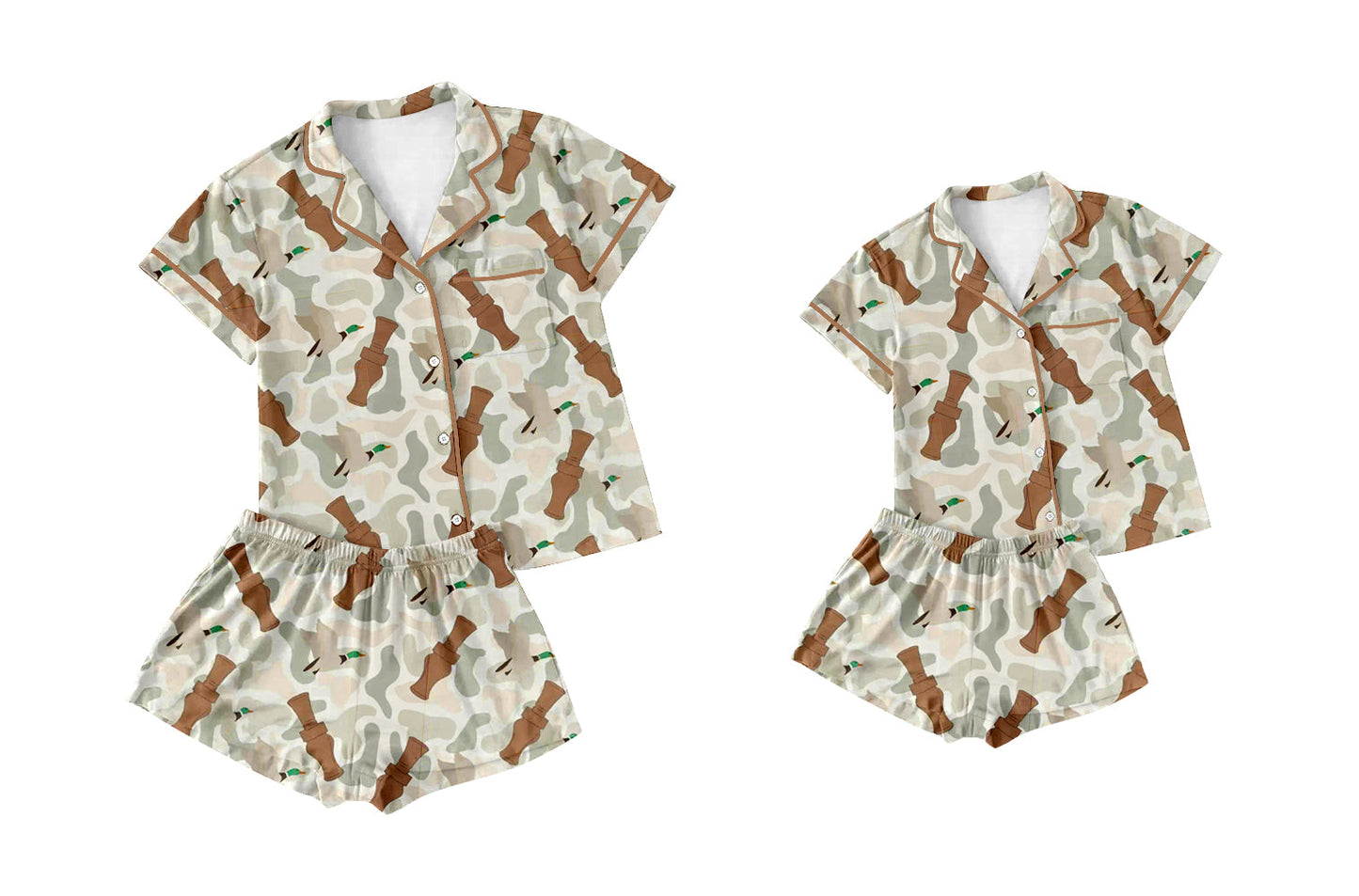 Baby Girl Toddler Adult Women Short Sleeves Ducks Camo Hunting Shorts Sibling Family Shorts Pajamas Set ( Moq 5 Each Style ) 12.16