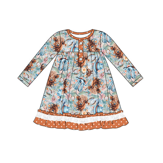 Baby Girl Long Sleeves Cow Flower Western Dress