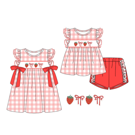 ( Moq 5 Each Style ) Sibling Baby Girls Kids Strawberry Bows Plaid Short Sleeves Dress Set