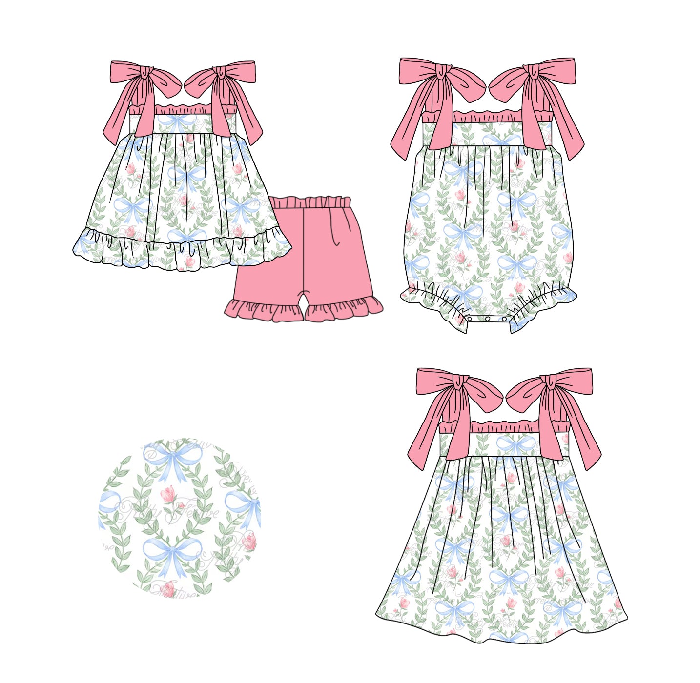 Baby Girl Flower Bows Sibling Romper Dress Clothes Set ( Moq 5 Each Design )