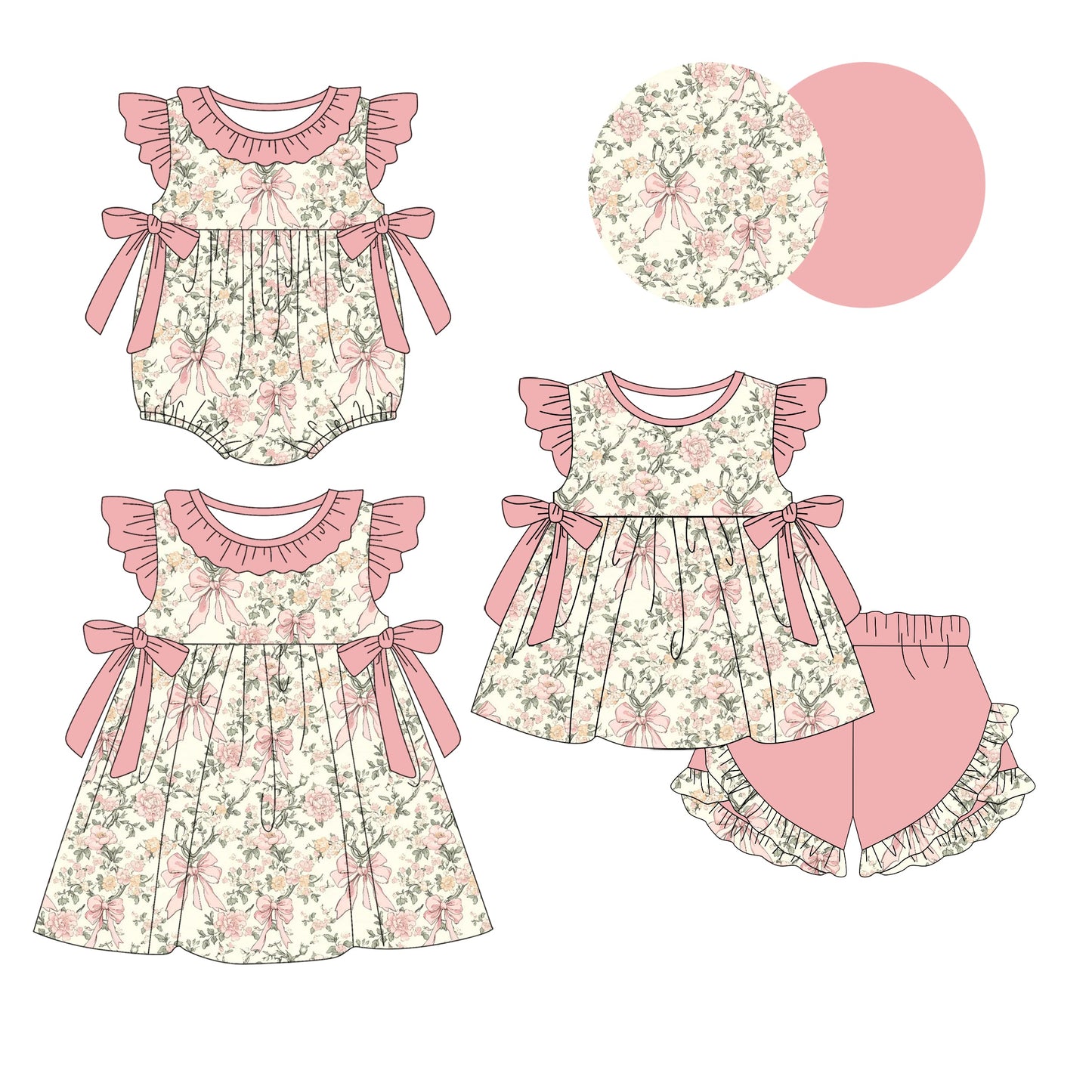 Baby Girl Flower Pink Bows Sibling Romper Dress Set ( Moq 5 Each Style ) 1.10