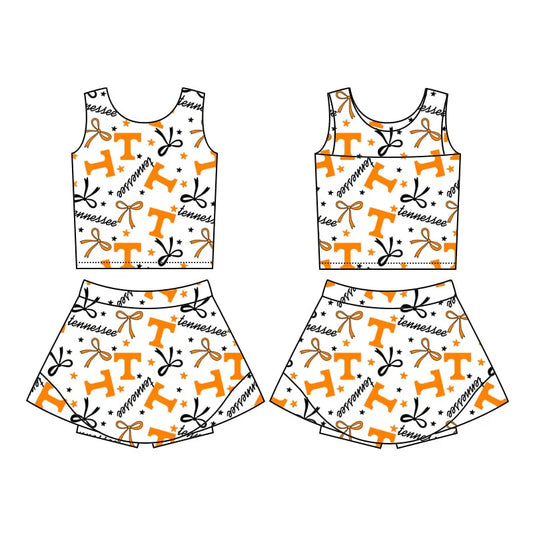 Baby Girl Sleeveless Team T Orange Bows Tops Skirt Shorts Skort Clothes Set ( Moq 5 )