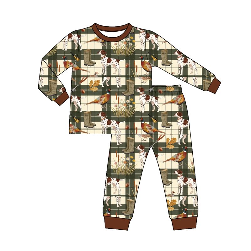 ( Moq 5 ) Preorder Baby Boys Kids Long Sleeves Dogs Plaid Shirt Pants Pajamas Set Clothes