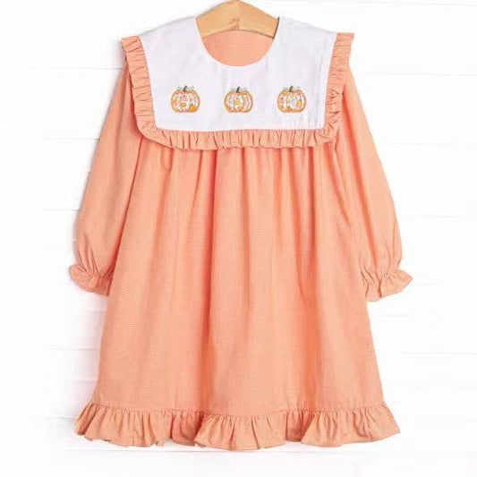 ( Moq 5 ) Preorder Baby Girls Kids Pumpkins Plaid Knee Length Fall Dress Clothes