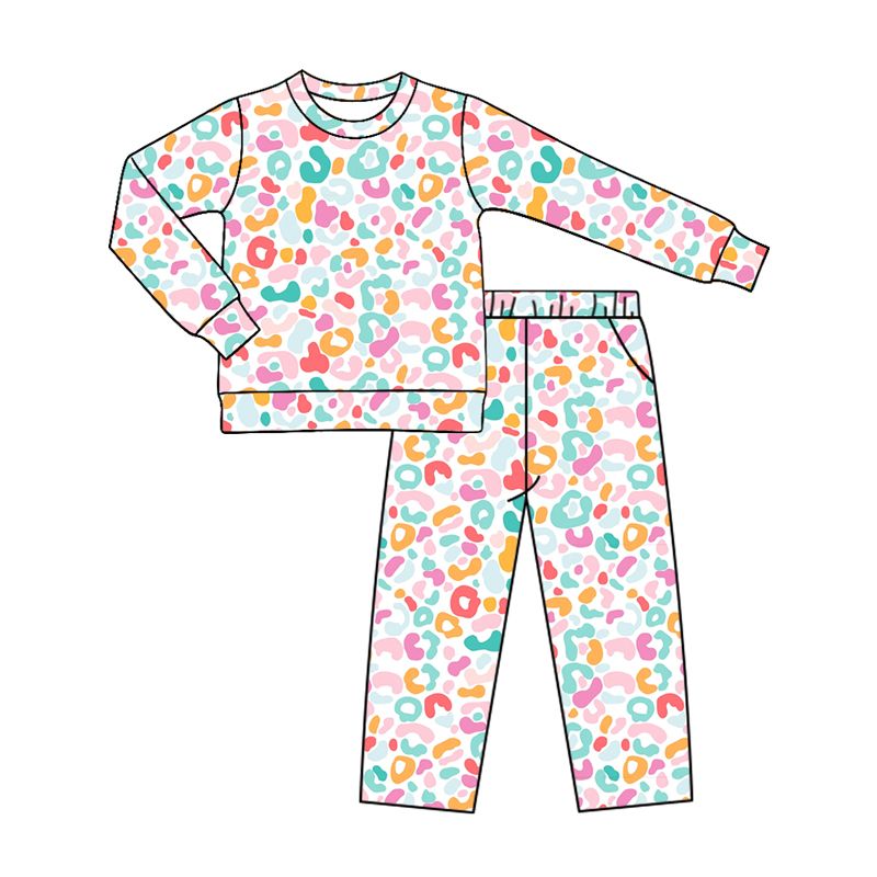 ( Moq 5 ) Preorder Baby Girls Toddler Long Sleeves Colorful Leopard Shirt Pockets Pants Set Clothes