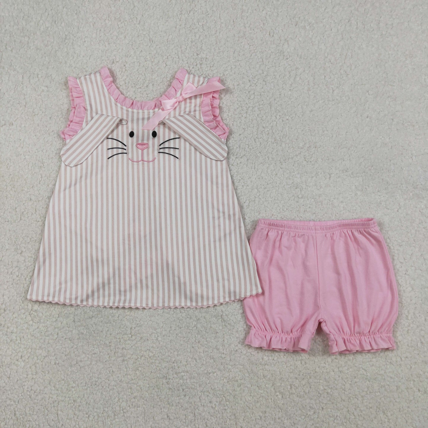 Baby Girls KIds Embroidery Rabbits Bows Stripes Tops Pink Shorts Easter Set RTS