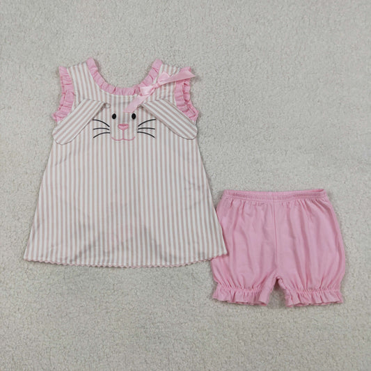 Baby Girls KIds Embroidery Rabbits Bows Stripes Tops Pink Shorts Easter Set RTS