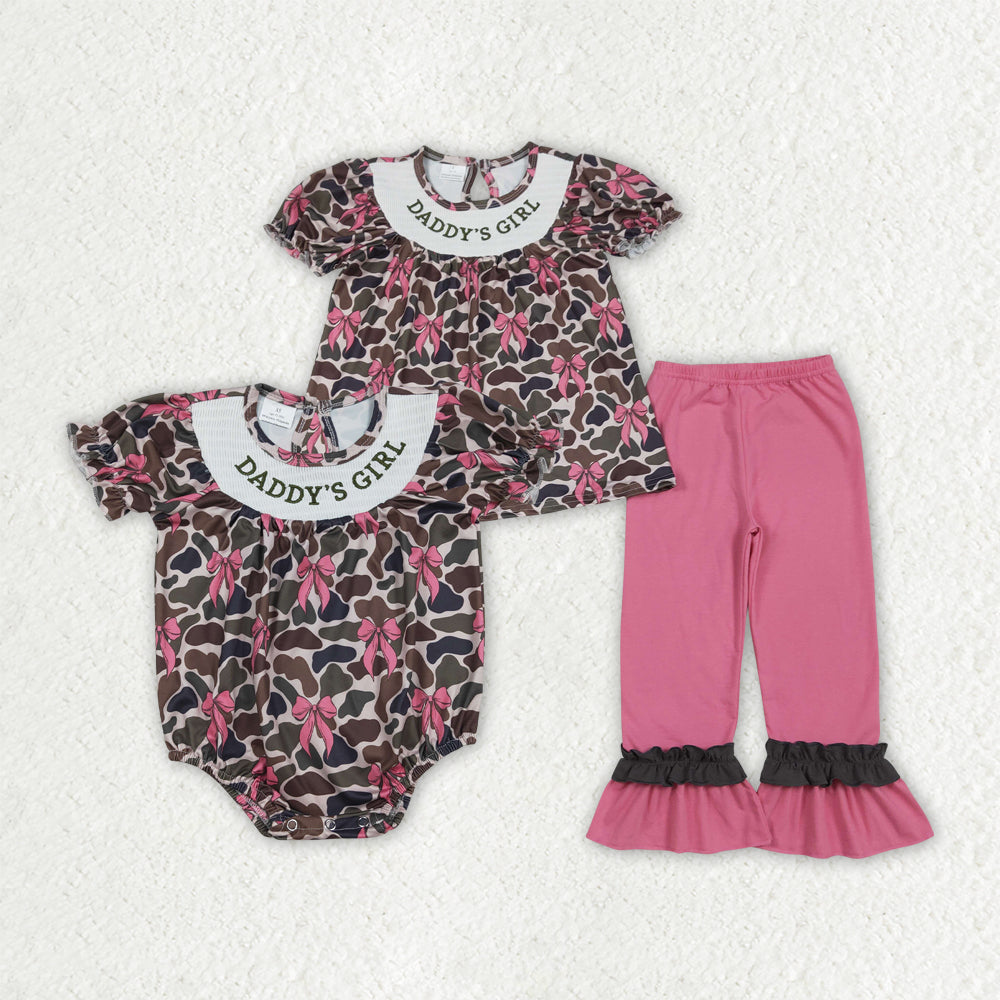 Sibling Baby Girls Kids Toddler Embroidery Smocked Daddy's Girl Camo Bows Romper Set RTS