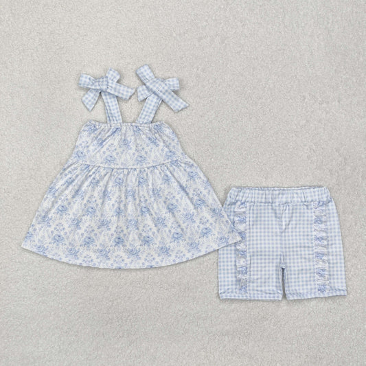 Baby Girl Straps Flower Tunic Ruffle Blue Plaid Shorts Clothes Set