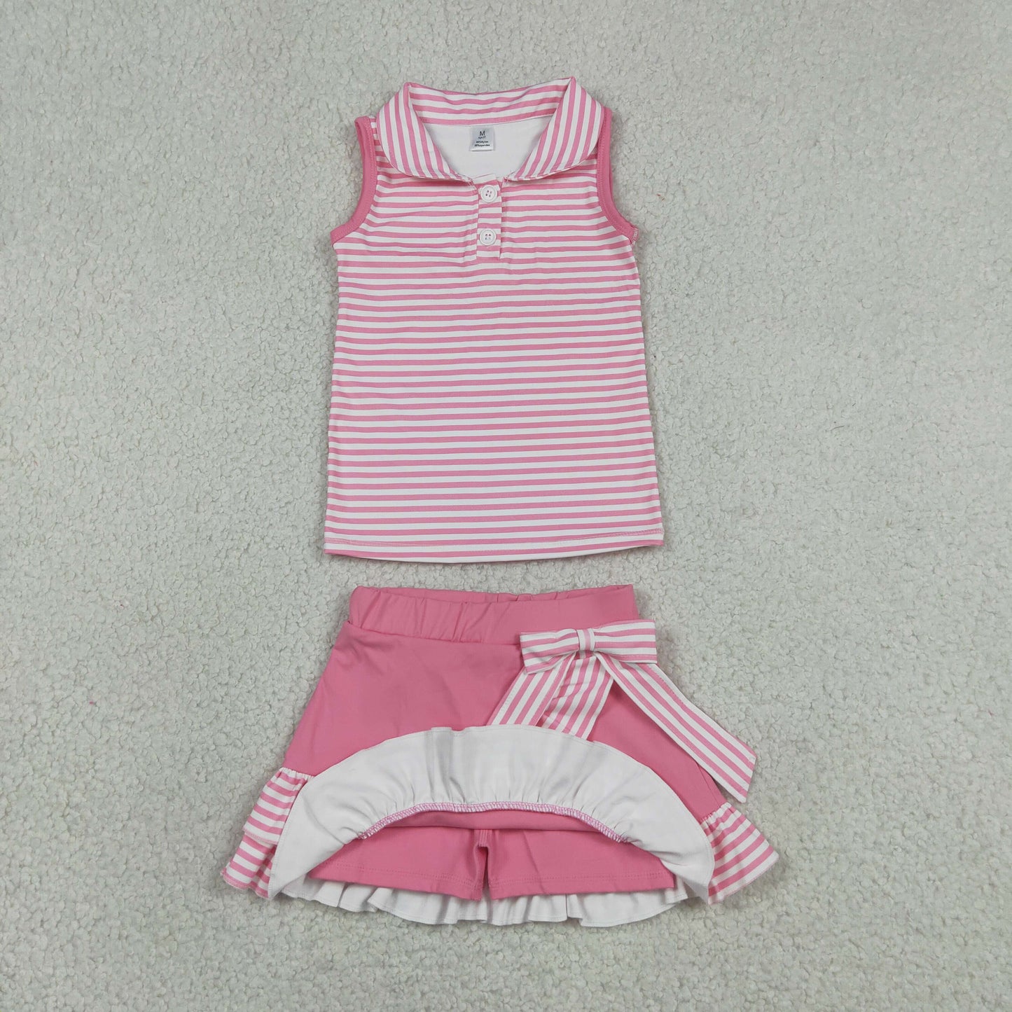 Baby Girls Pink Stripes Tops Ruffle Bow Skirt Shorts Yoga Fabric Clothes Set RTS